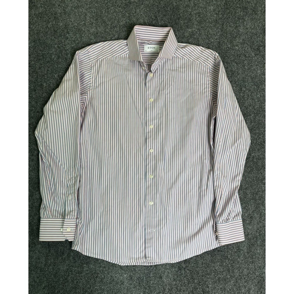 Eton Slim Blue pink White Stripe Dress Button Up Shirt Cotton Size 40X15 3/4‎